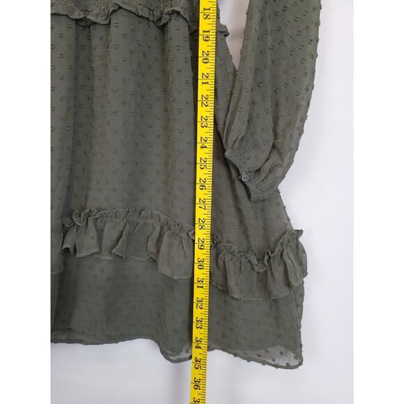 Skies Are Blue Short Dress Tired Ruffled Peasant Sleeve Smocked Women XS Olive‎ - Picture 5 of 12